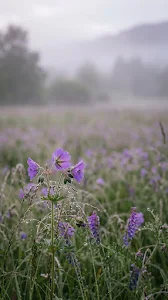 Muted Field of Purple Wildflowers and Salvia in Heavy Fog