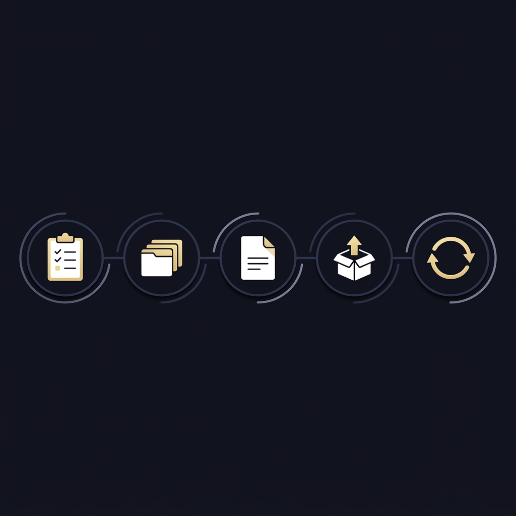 Minimal vector flow diagram showing plan collect document publish update in Funded Plays brand style on dark background Why Transparency About Results Matters