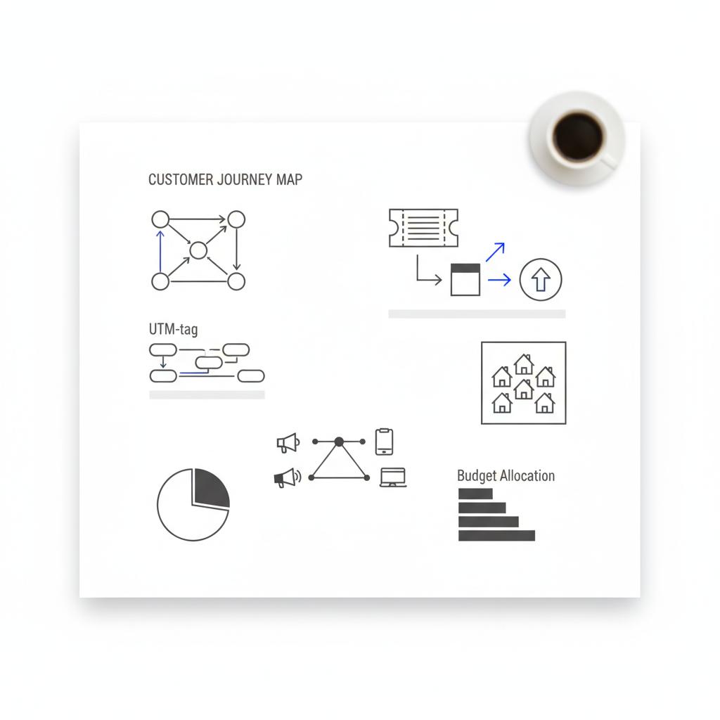 Minimalist vector notebook page with sketched campaign flow&mdash;UTM tag flow, coupon icon, conversion box, budget split and neighborhood pin&mdash;illustrating cost to advertise on Nextdoor