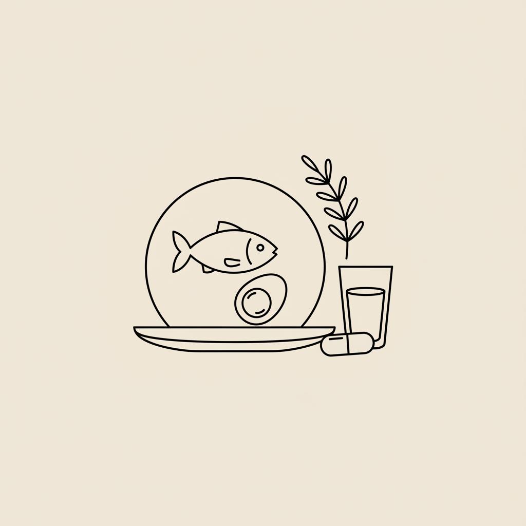 Minimalist Tonum-style line illustration of a plate with fish, egg, fiber sprig, water glass and capsule on beige background, representing natural appetite suppressants