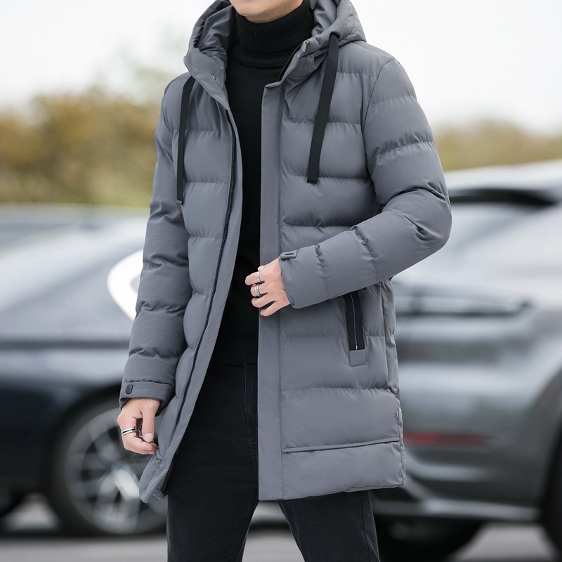 Men's winter coat, medium length, with hood and down filling