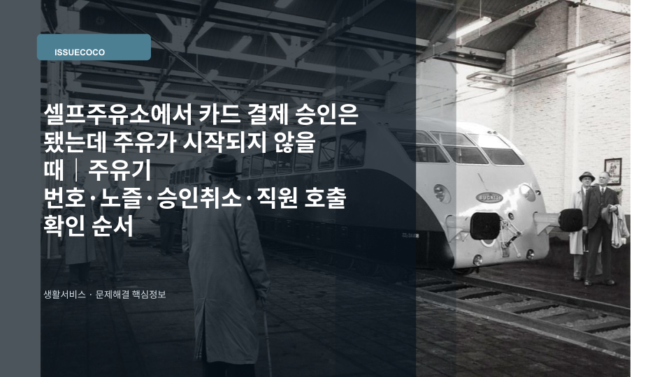 셀프주유소에서 카드 결제 후 주유가 시작되지 않아 주유기 화면과 노즐을 확인하는 모습