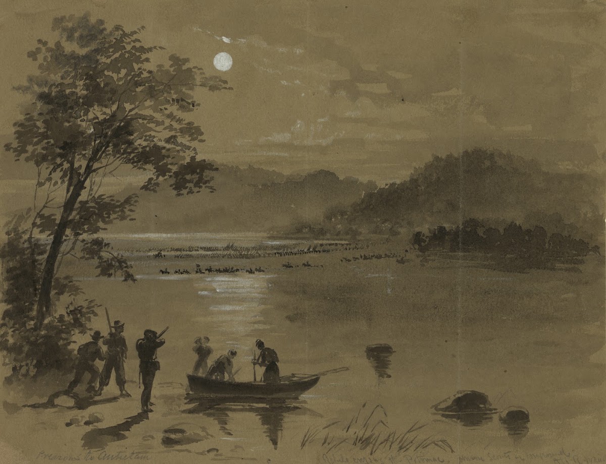 Previous to Antietam Rebels crossing the Potomac Union scouts in foreground 1862