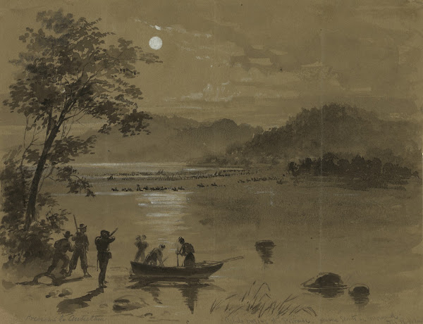 Previous to Antietam Rebels crossing the Potomac Union scouts in foreground 1862