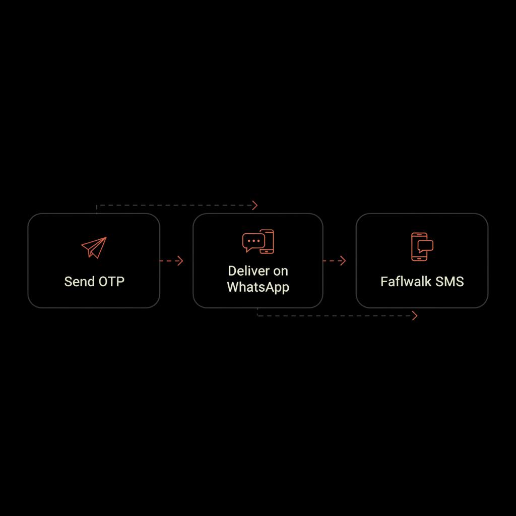 Minimal infographic showing Send OTP → Deliver on WhatsApp → Fallback SMS with small vector icons on black background using Social Success Hub brand colors — WhatsApp OTP cost