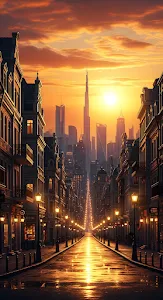 Golden Sunset Over Classic Street Leading to Dubai Skyline