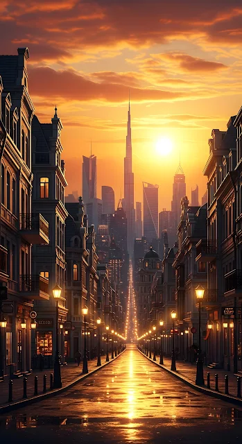 Golden Sunset Over Classic Street Leading to Dubai Skyline