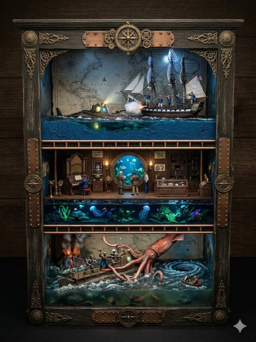 Diorama del mundo submarino de Julio Verne