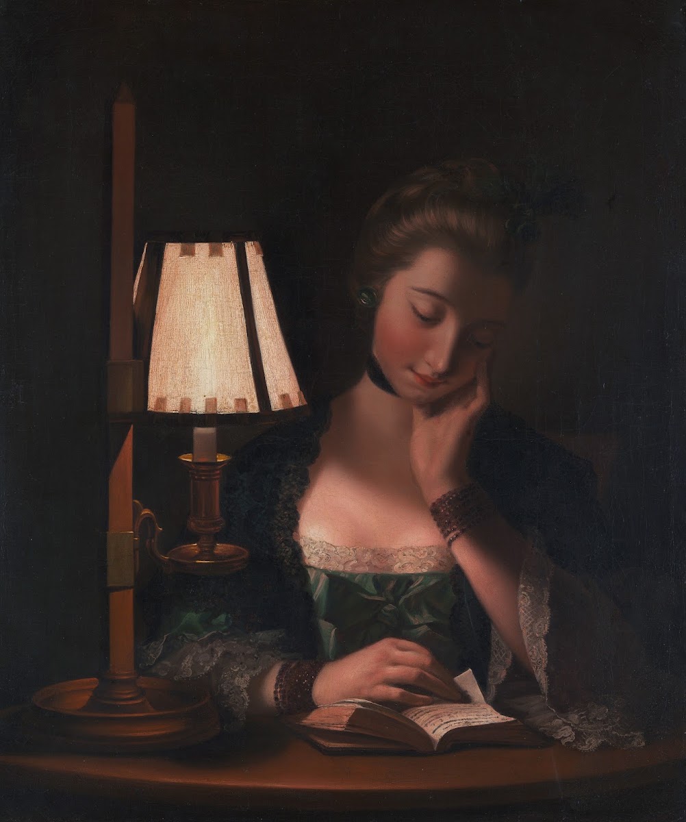 Woman Reading by a Paper Bell Shade