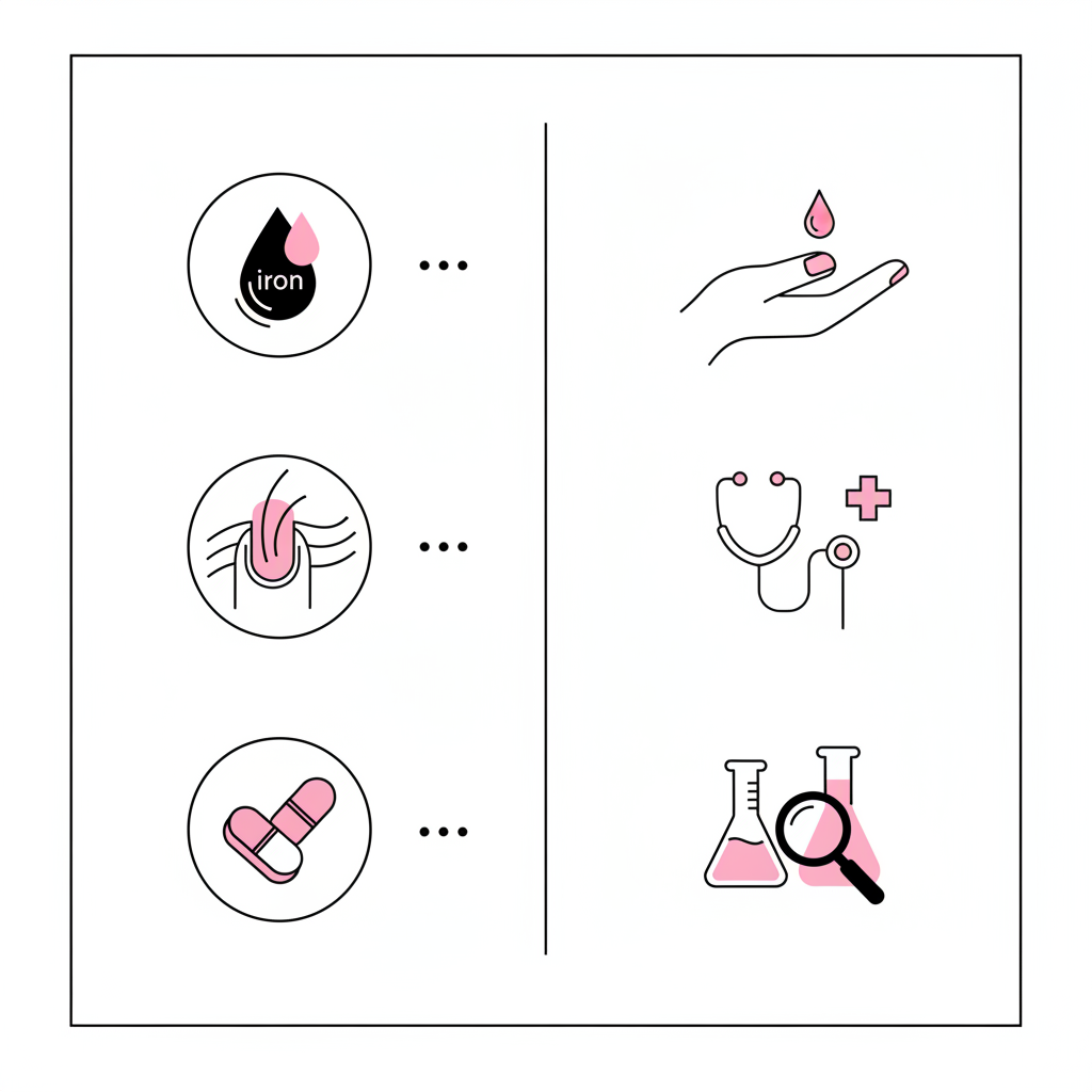 Minimalistische Vektor-Infografik mit Icons für Eisen, Biotin, Zink links und Pflege, Arztbesuch, Tests rechts in NailX-Farben — Welchen Mangel zeigen Fingernägel
