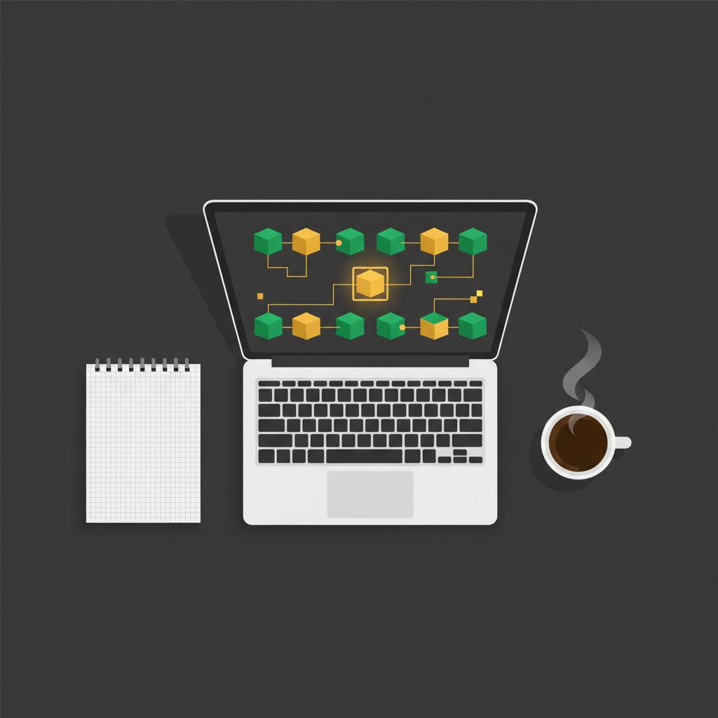 Top down 2D vector minimal desktop with laptop showing a block explorer interface blank notepad and coffee cup in Finance Police palette Trump cryptocurrency