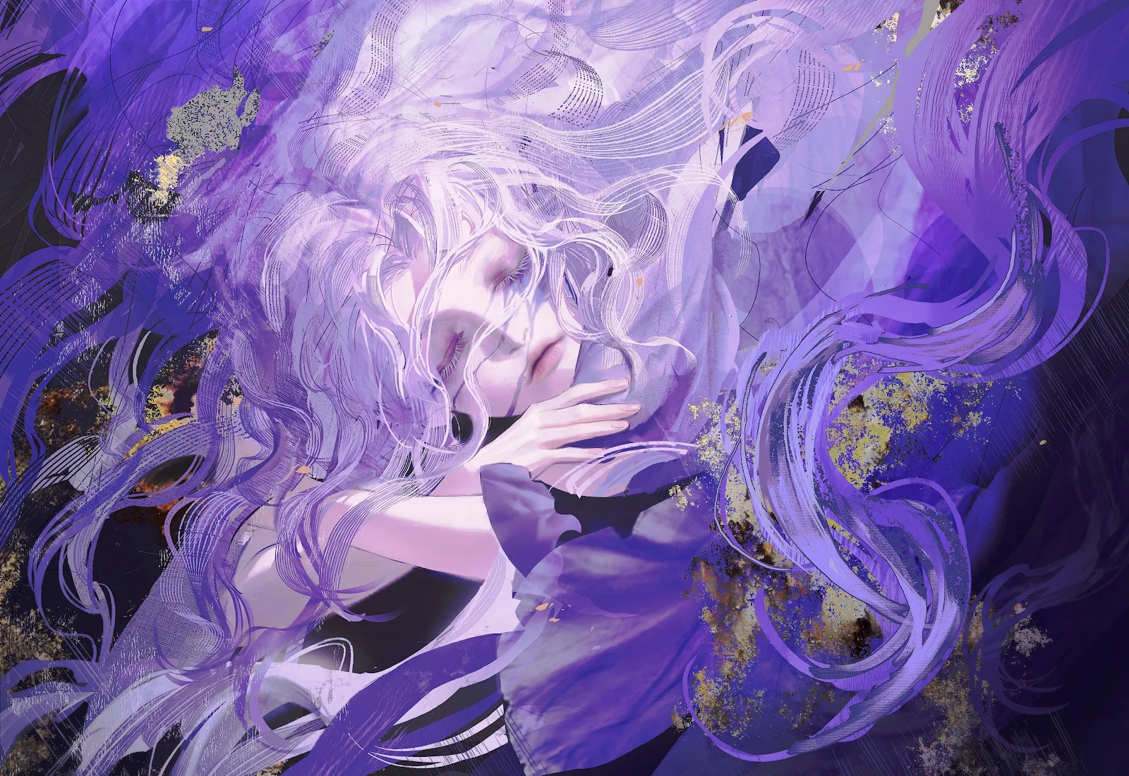 Lavender Girl In Ethereal Waves - Fantasy Illustration 4K Wallpaper (4096x2815)