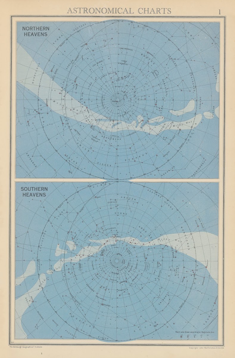 Astronomical Charts Northern and Southern Heavens 1942