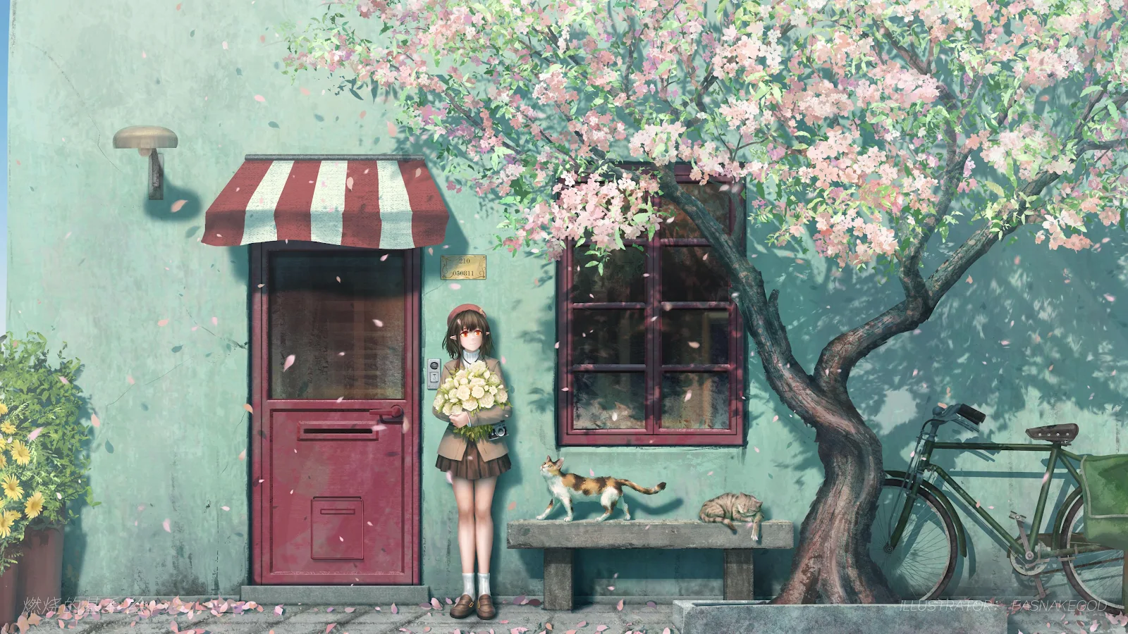 Anime Girl Under Blossom Tree - Anime Digital Art 4K Wallpaper (3840x2160)