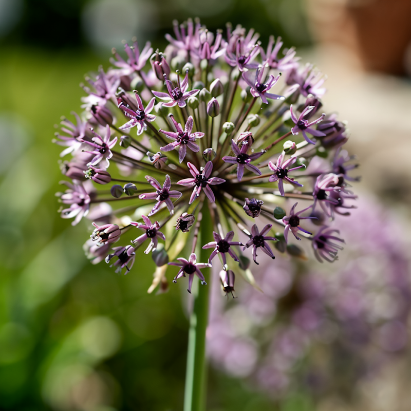 Allium 'Summer Beauty' in piena fioritura con le sue caratteristiche sfere lilla in un giardino estivo.