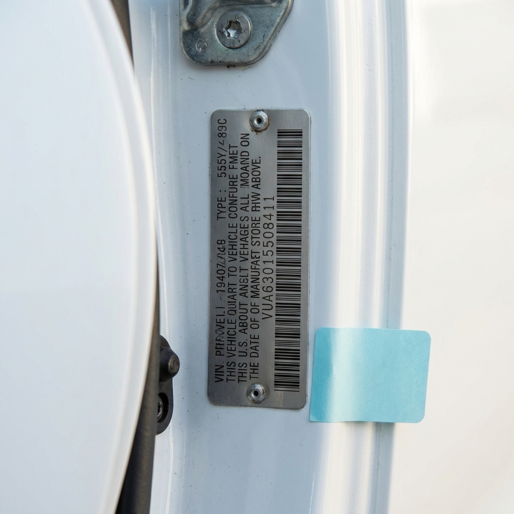 Close up high resolution image of vehicle door jamb VIN plate for a free vin check on white background with a soft blue accent sticky tab