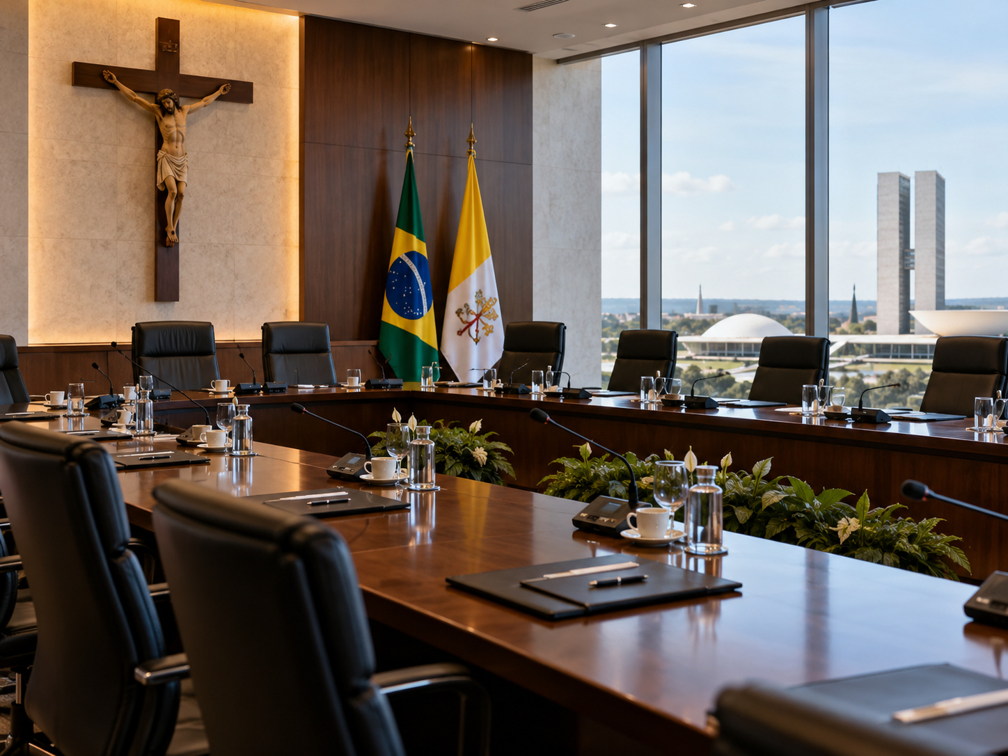 Sala de reuniões com bandeira brasileira e cruz; reconstrução editorial contextual.