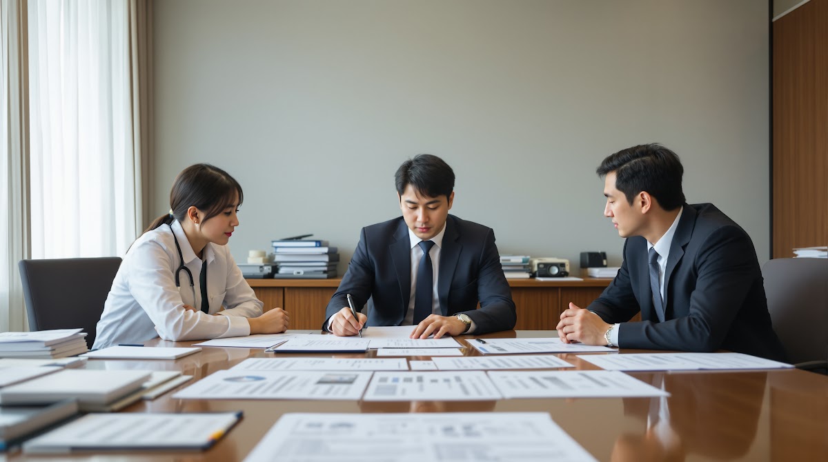 국가유공자 등록 성공사례  국가유공자 등록 성공사례를 위해 지원자와 변호사, 행정사, 의료진이 심사 기준표, 의료기록, 판례를 테이블에 펼쳐 놓고 전략을 논의하며 준비하는 실제 사무실 환경