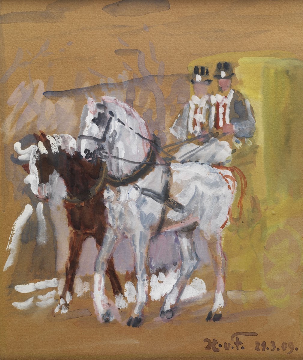 Pferdegespann vor einer Kutsche mit zwei Kutschenlenkern mit Zylinder 1909