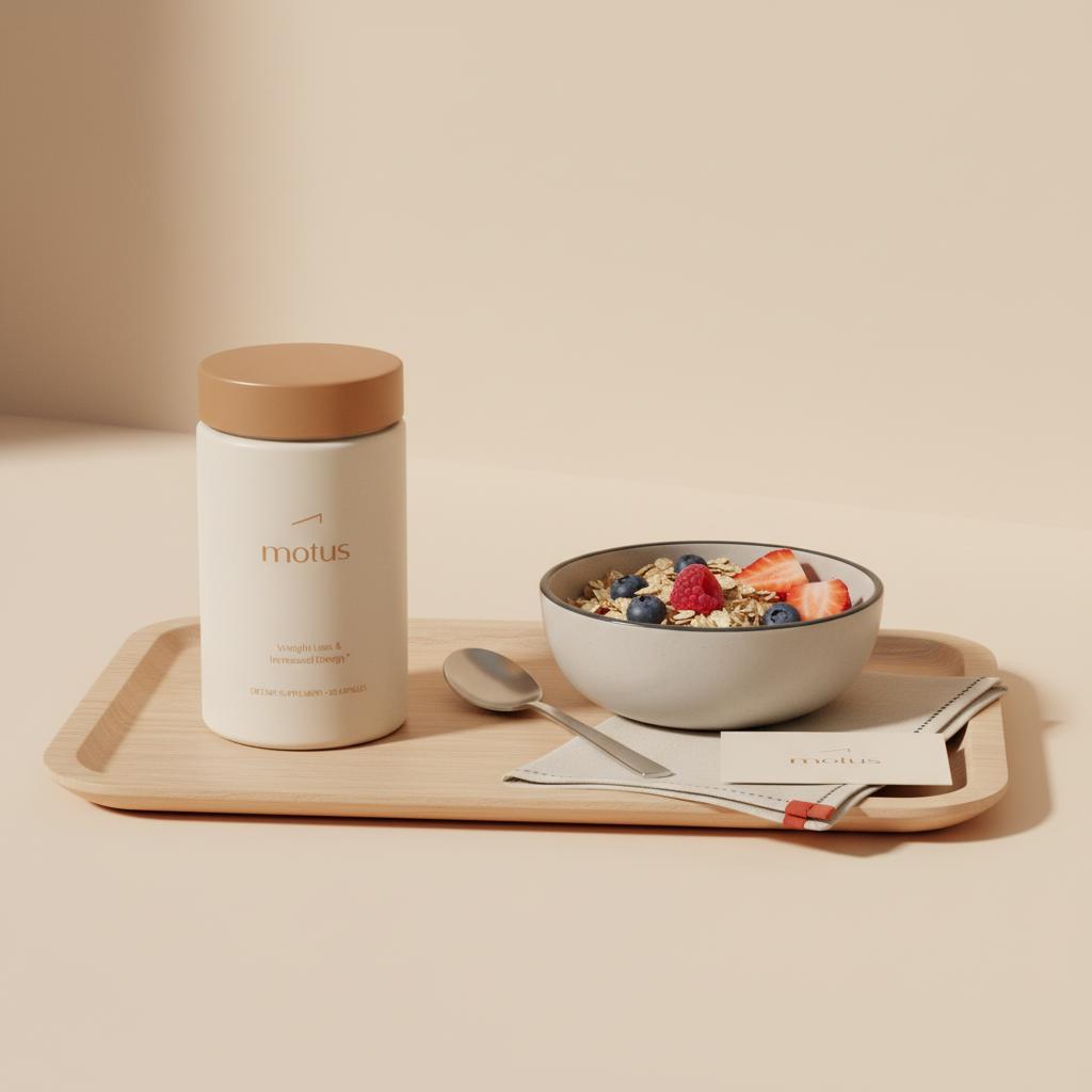 Minimal still-life of Tonum Motus supplement on a light wood tray with oats, berries and a spoon, illustrating appetite suppressant pills as part of a healthy breakfast routine.