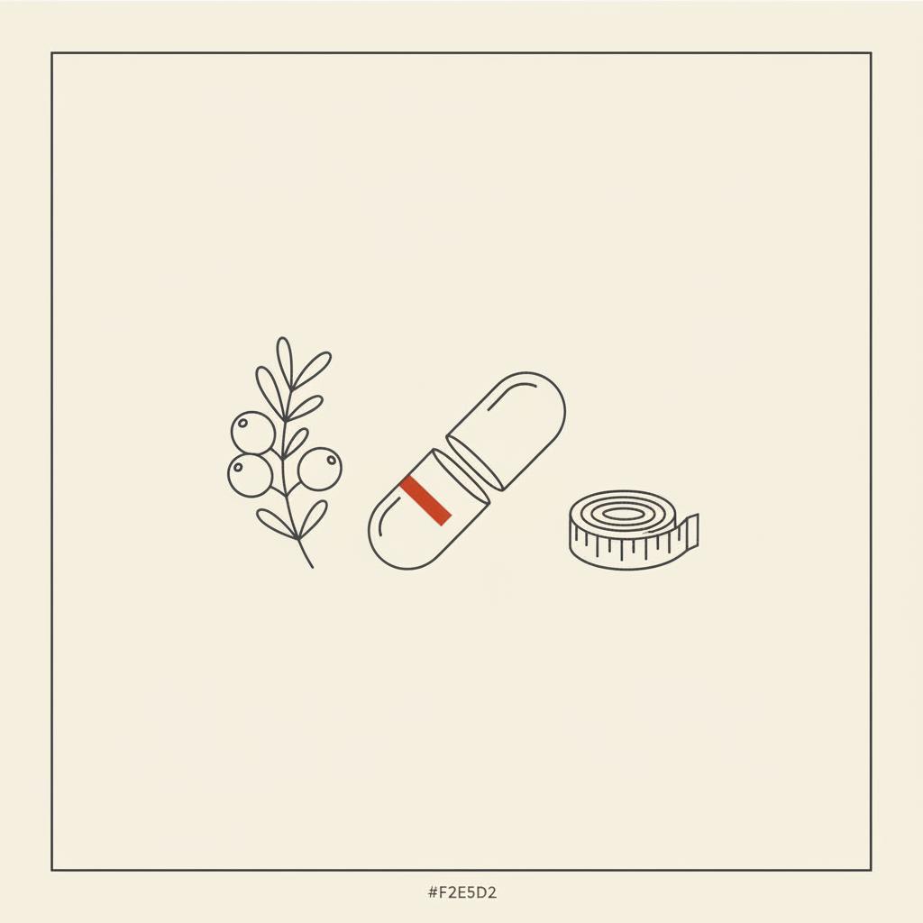 Minimal vector line illustration of barberry sprig, a capsule and a measuring tape on beige background for berberine belly fat reduction