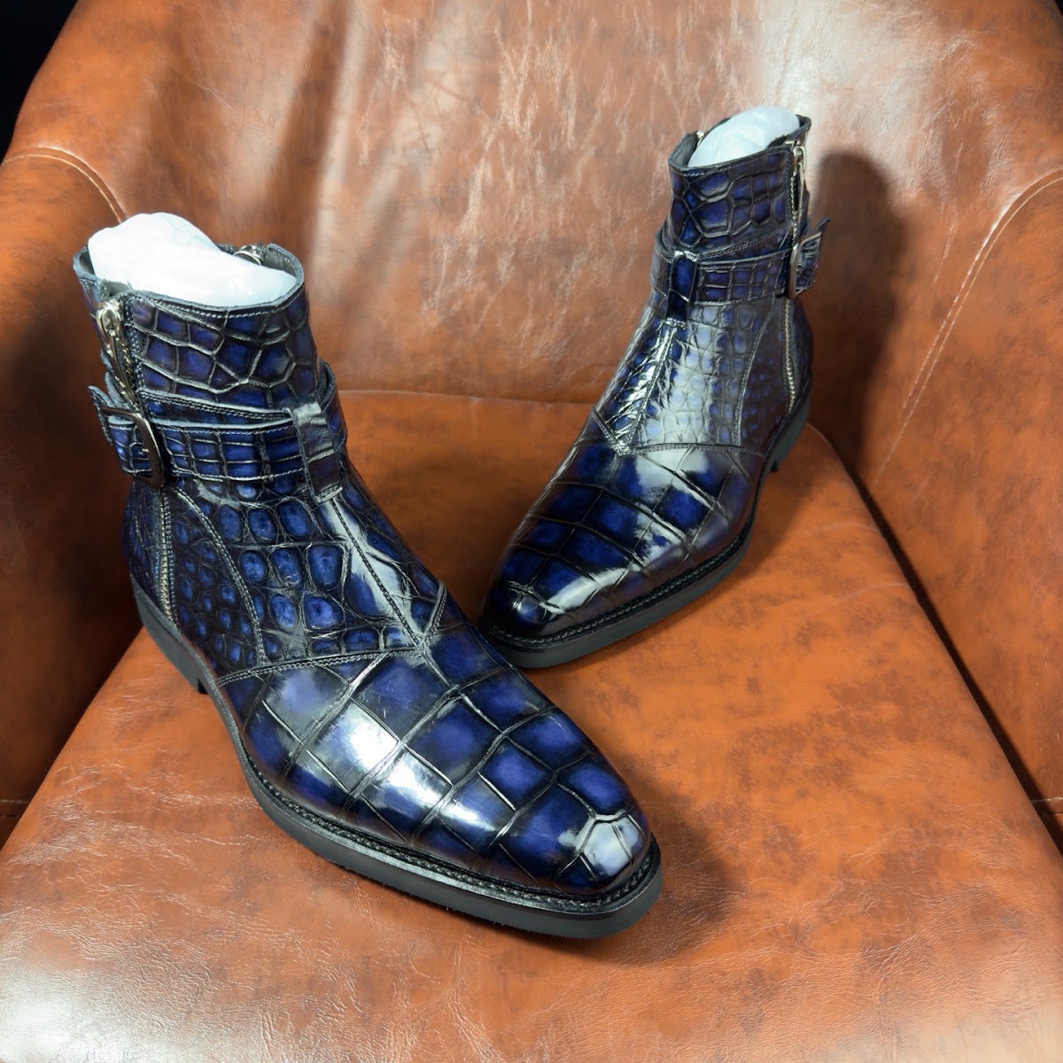 patina blue genuine alligator leather ankle boots with double buckles for men - detail 3