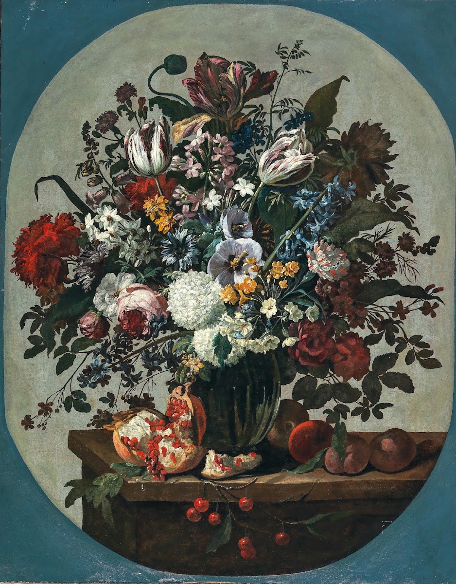 Tulips squills hydrangeas peonies and other flowers in a vase surrounded by pome