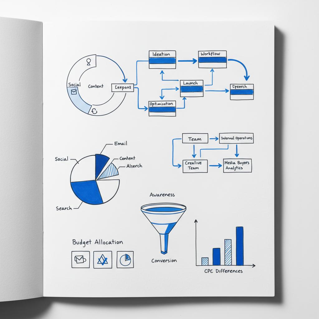 Close-up notebook sketch showing campaign maps, budget allocation boxes and a small bar chart of CPC differences, visualizing cost per lead per month.