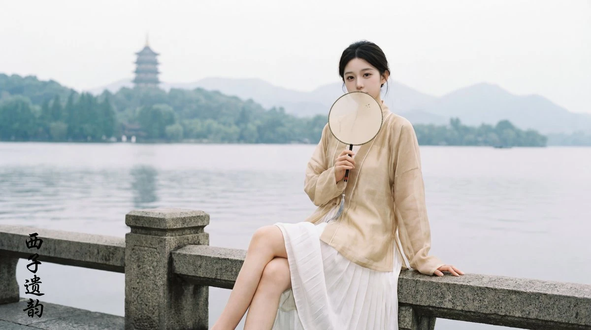 Mujer de Jiangnan vestida con hanfu en el Puente Roto del Lago del Oeste