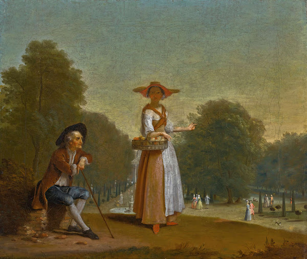 A fruitseller and a man resting a park beyond