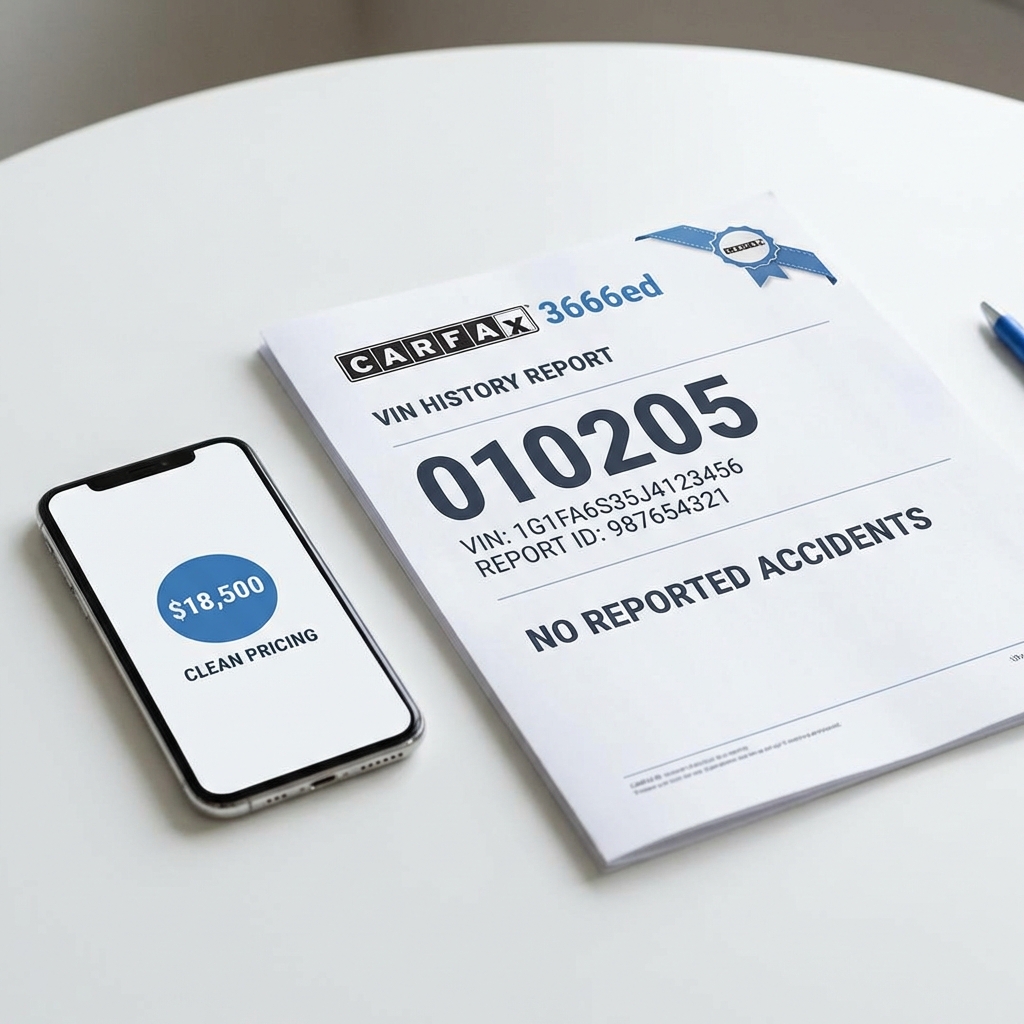 Close up realistic shot of a printed VIN history report and smartphone showing a pricing label on a white table with subtle blue accents how to find out the price of a used car