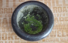 Bắt đầu bằng cách thêm 2 tép tỏi và 1 muỗng canh cuống ngò rí vào cối và giã nát. Sau đó, cho hỗn hợp vừa giã vào tô trộn cùng với 250g ức gà thái hạt lựu, 1/2 muỗng cà phê tiêu, 1/4 muỗng canh dầu mè, 1.5 muỗng canh dầu hào và 1/2 muỗng canh nước tương, trộn tất cả với nhau, để gà ướp trong khoảng 2 giờ.