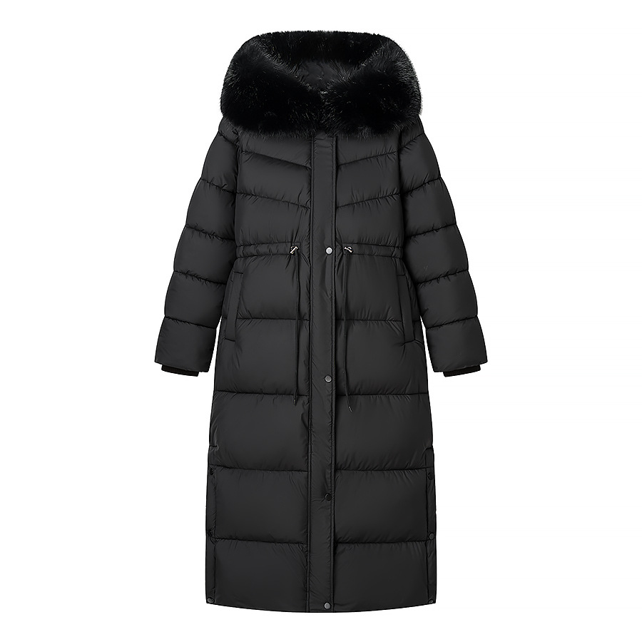 Long women's quilted jacket with hood and faux fur trim