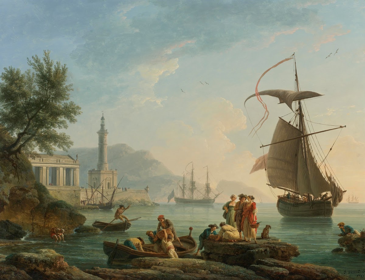 A Mediterranean Harbor At Sunset With Fisherfolk At The Waters Edge A Lighthouse