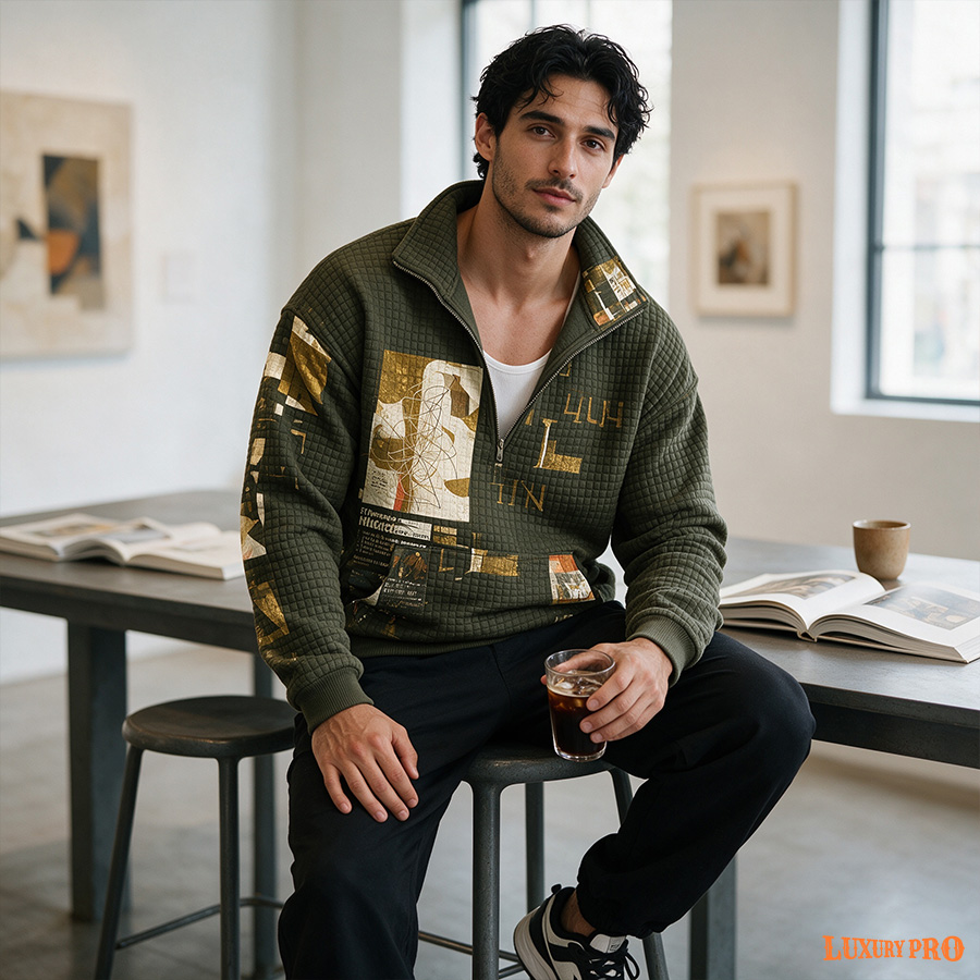 2D Waffle Stand Collar Long Sleeve Sweatshirt