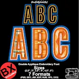 Black lettering sample of the Antonio Double Satin Applique Embroidery Font - 2.5 TO 5