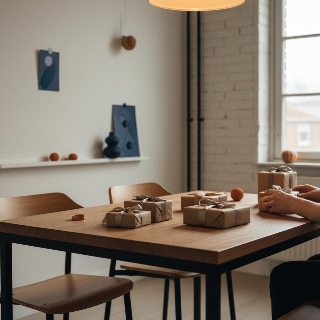 Nahaufnahme von zwei kleinen Geschenken mit Metallakzenten auf einem warmen Holz-Esstisch in einer minimalistischen, industriell inspirierten Wohnszene, warmes Licht