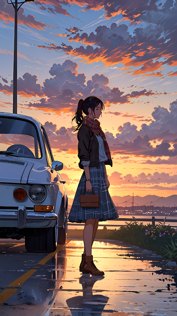 Girl Standing by Vintage Car Under Sunset Sky