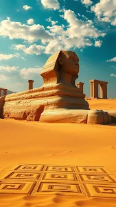 Great Sphinx in Orange Desert with Geometric Sand Art