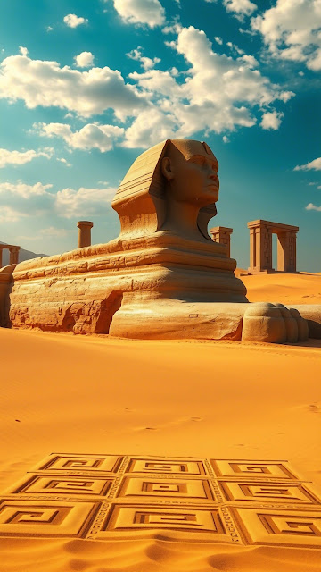 Great Sphinx in Orange Desert with Geometric Sand Art - Free mobile Wallpaper