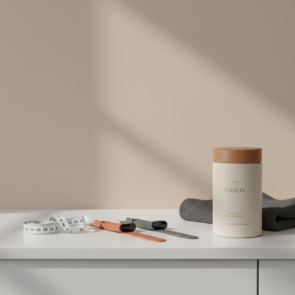 Minimalist bathroom counter with fitness trackers, coiled tape measure and Tonum Motus container; how to tell if weight loss is fat not muscle