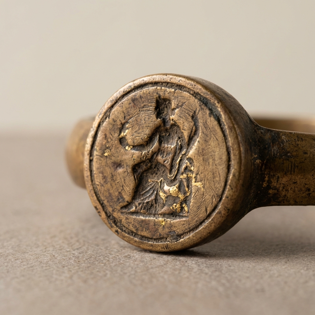 Macro full frame image of an ancient roman bracelet bezel with intaglio showing toolmarks and patina filled crevices on a pale beige background