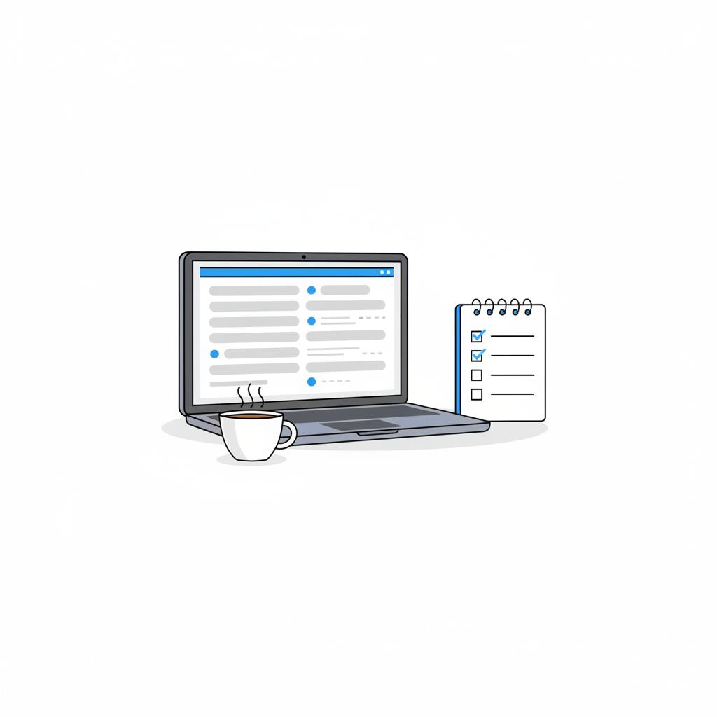 Minimal 2D vector desktop with laptop showing simplified VIN history report notepad checklist and coffee cup what is the best low budget car
