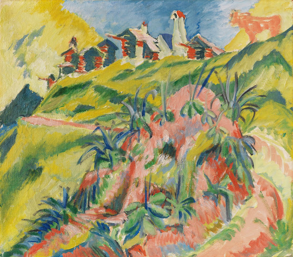 Bergdorf mit rosa Kuh 1919