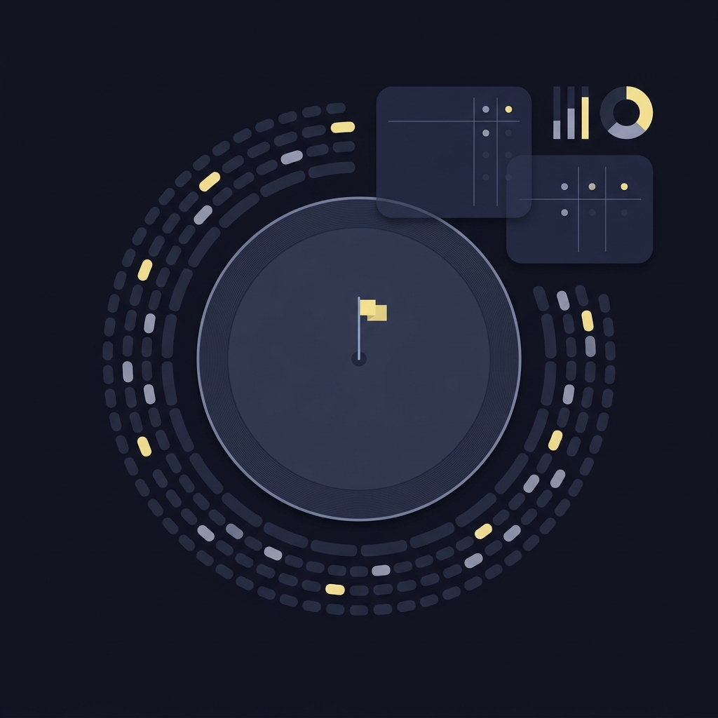 Minimalist 2D vector aerial view of a final golf green with abstract spectator arcs scorecard overlays and a compact odds bar display in dark Funded Plays palette john deere classic odds