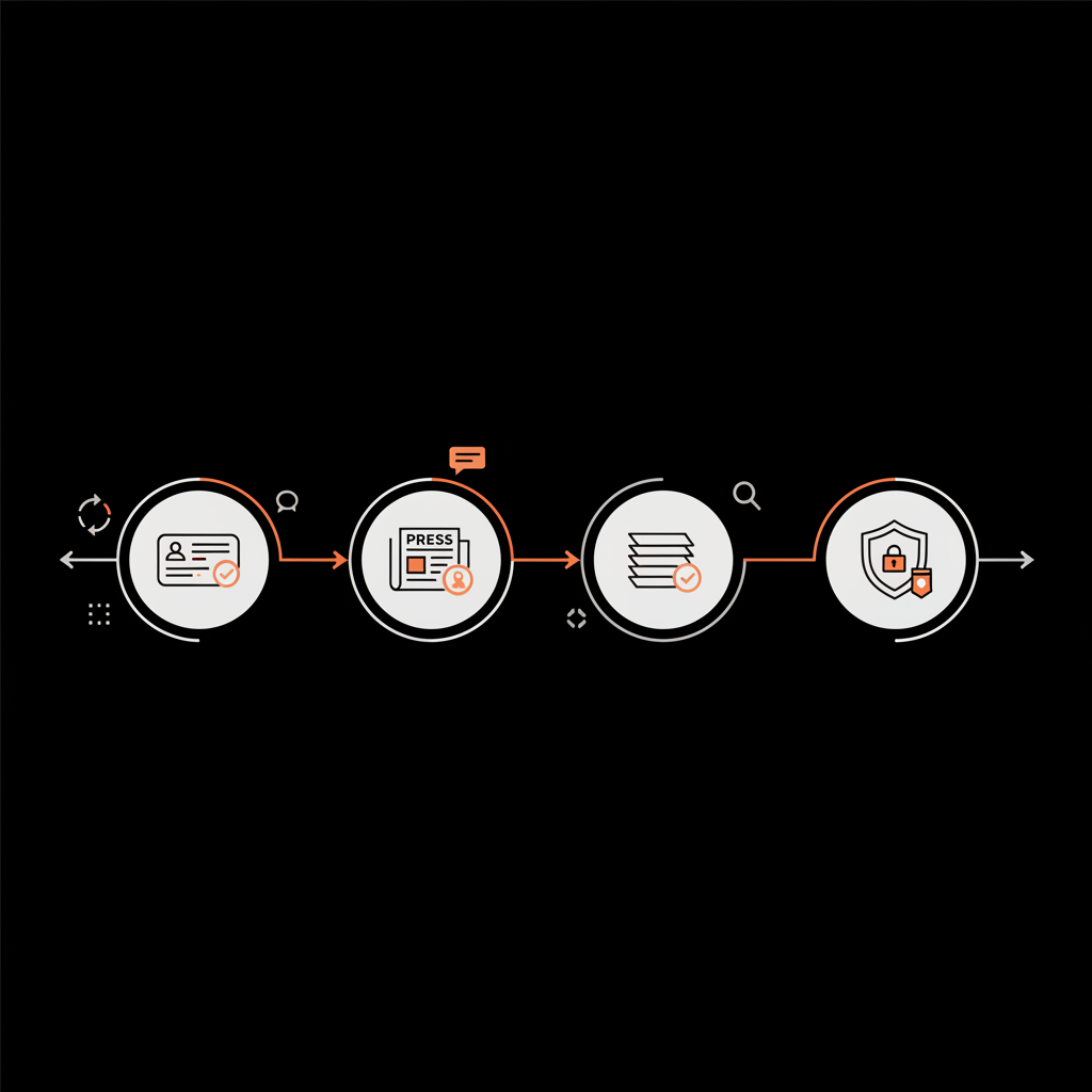 Minimal vector infographic of a verified badge pathway (profile, press, listings, security) on black background with brand accents, illustrating how to get verified on TikTok.