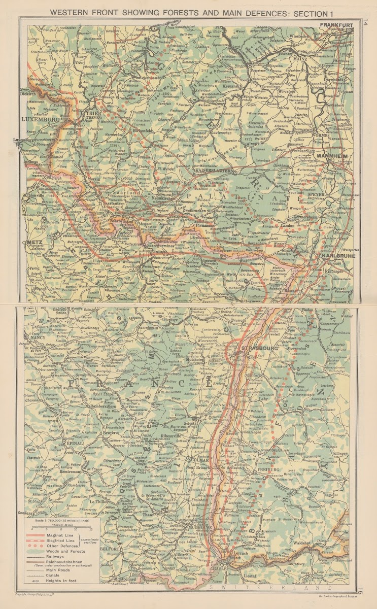 Western front showing forests and main defences section 1940