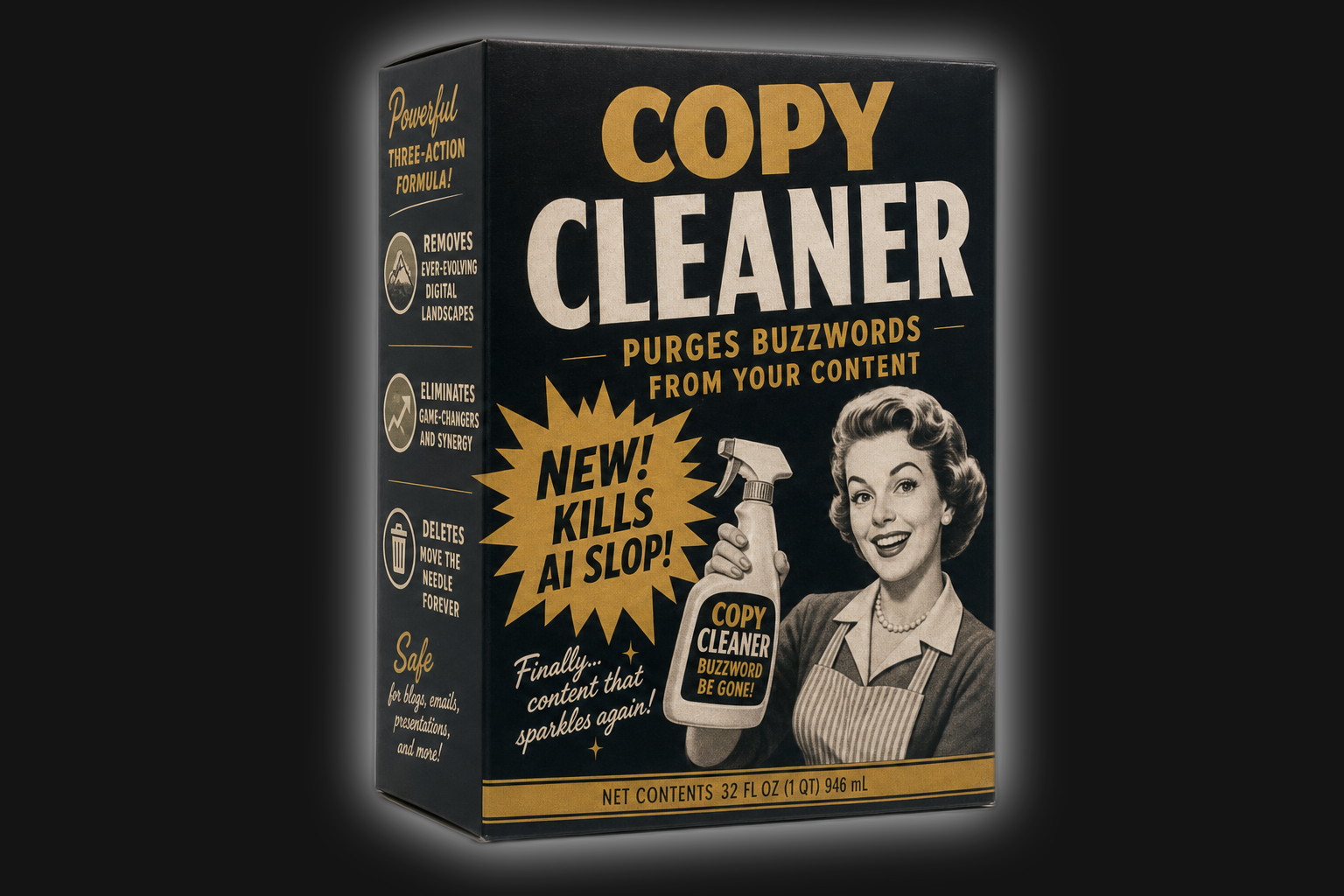 Copy Cleaner retro product box — purges buzzwords from your content