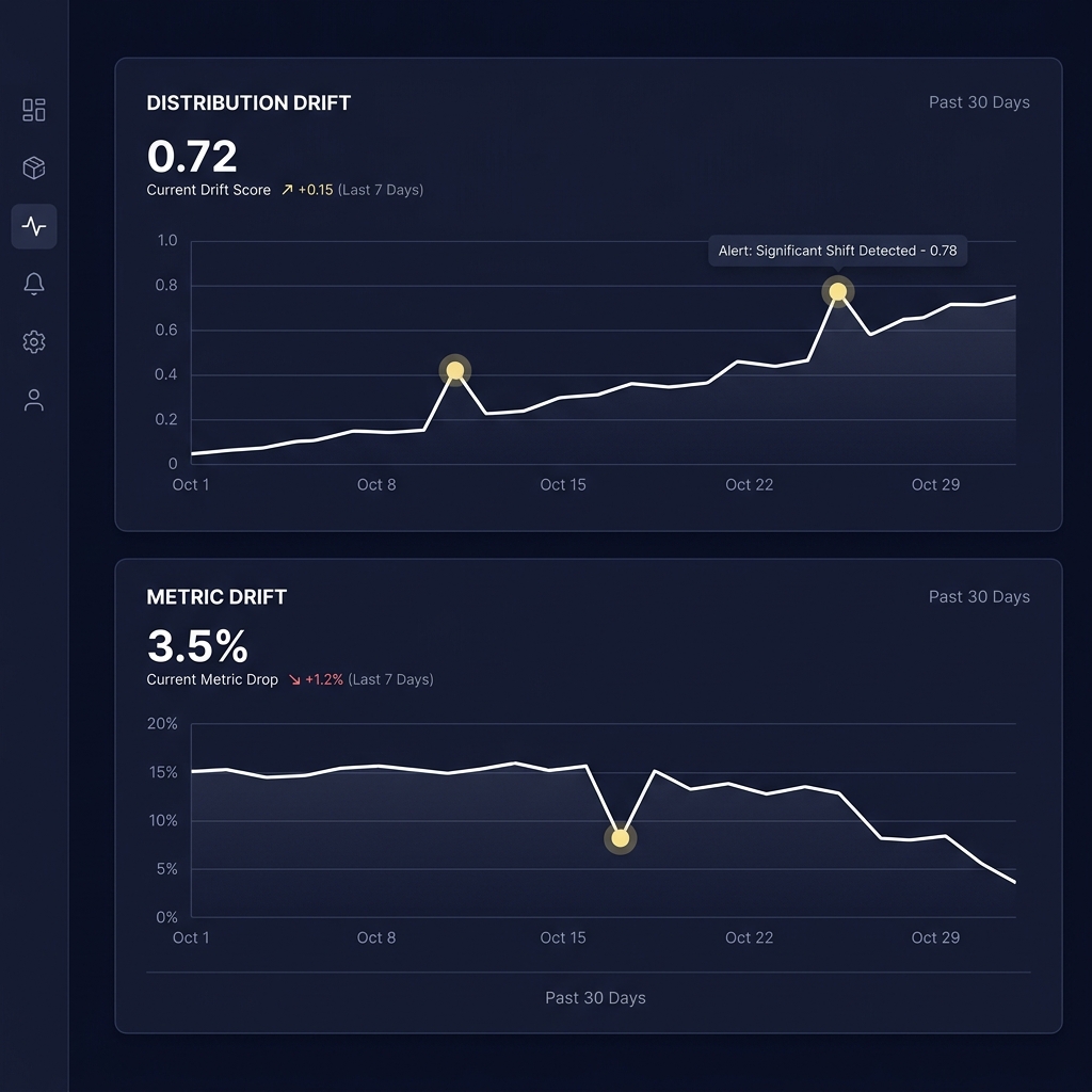 Clean minimalist dashboard screenshot showing model drift charts over time with alert markers and annotations in Funded Plays brand colors Data Quality Problems That Can Ruin a Model