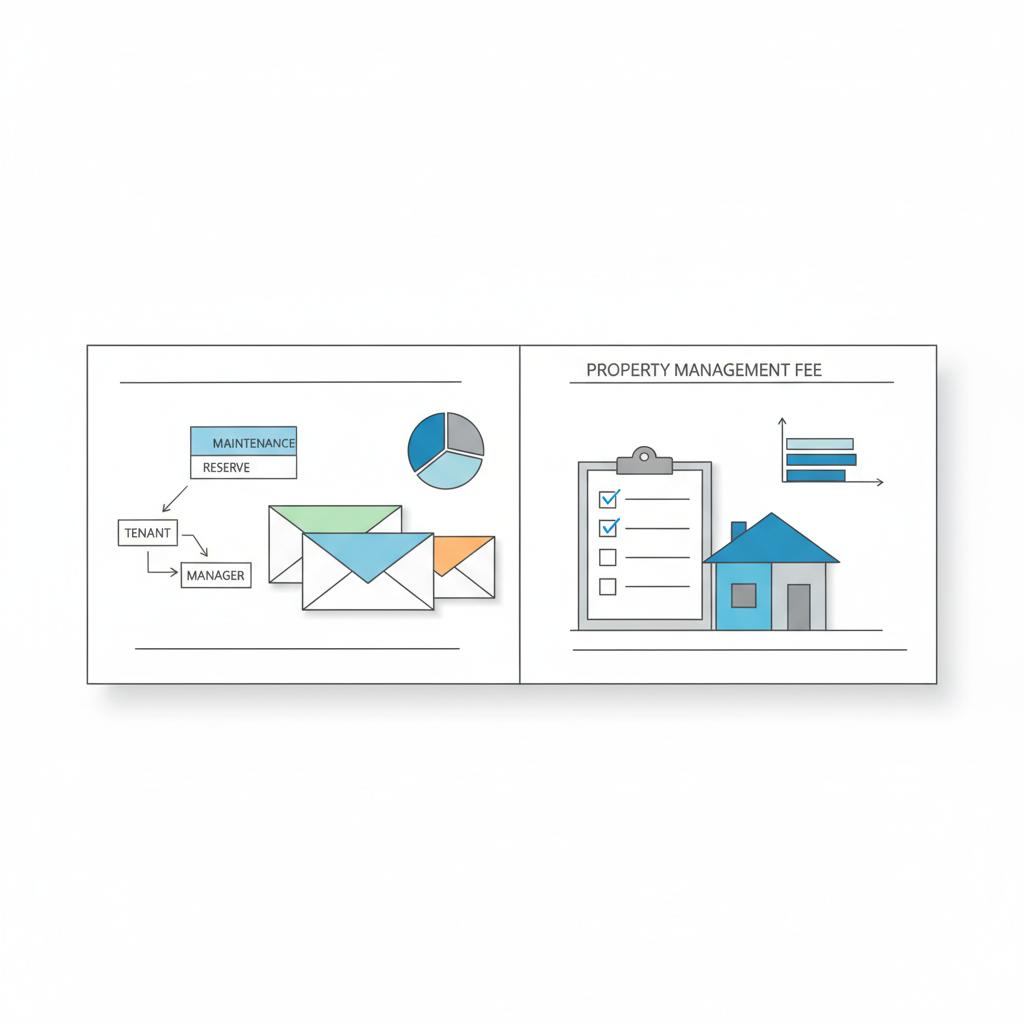 Minimal 2D vector arrangement of color-coded envelopes, a checkbox checklist, and a small house model on a white table illustrating property management fee allocation.